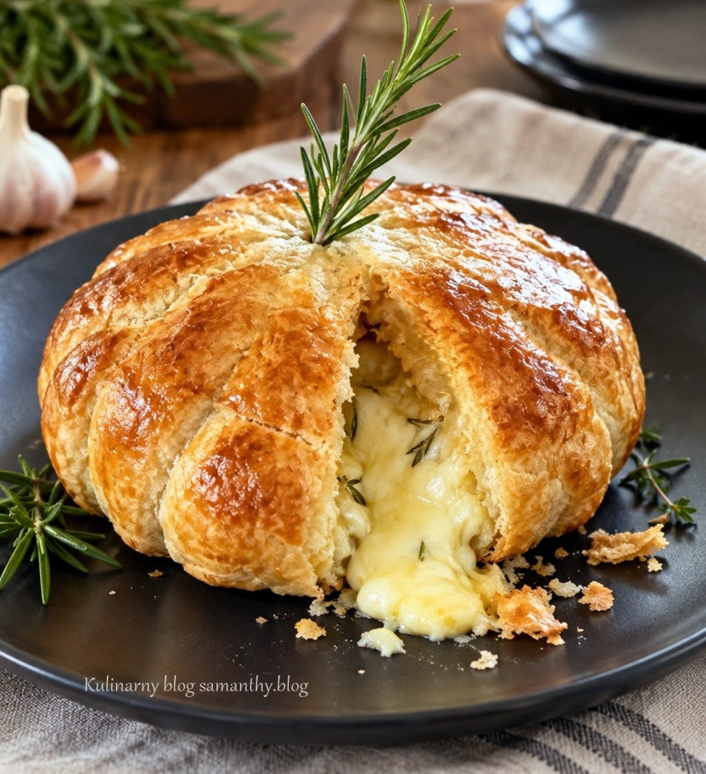 Camembert w cieście w kształcie dyni z czosnkiem i rozmarynem.