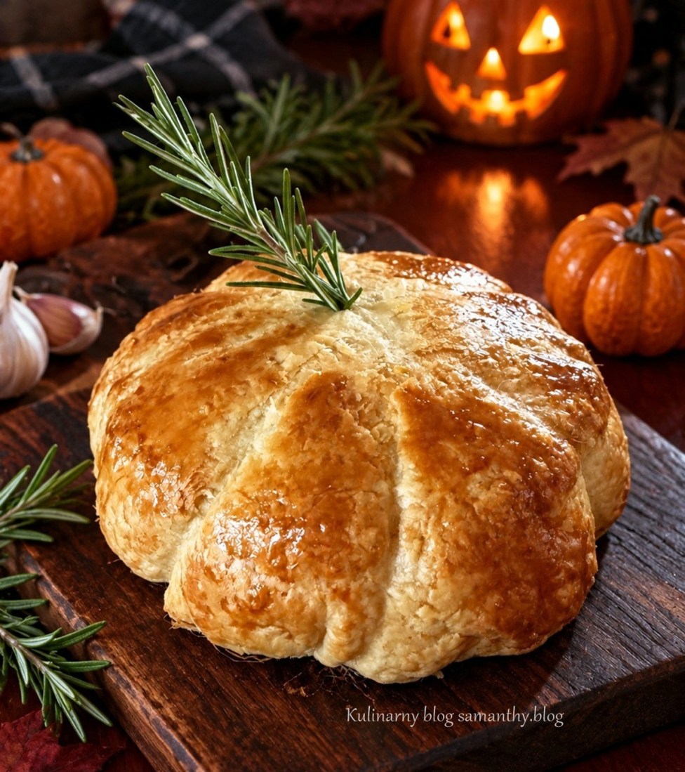 Camembert w cieście w kształcie dyni i gałązką rozmarynu, w tle świecąca dynia.